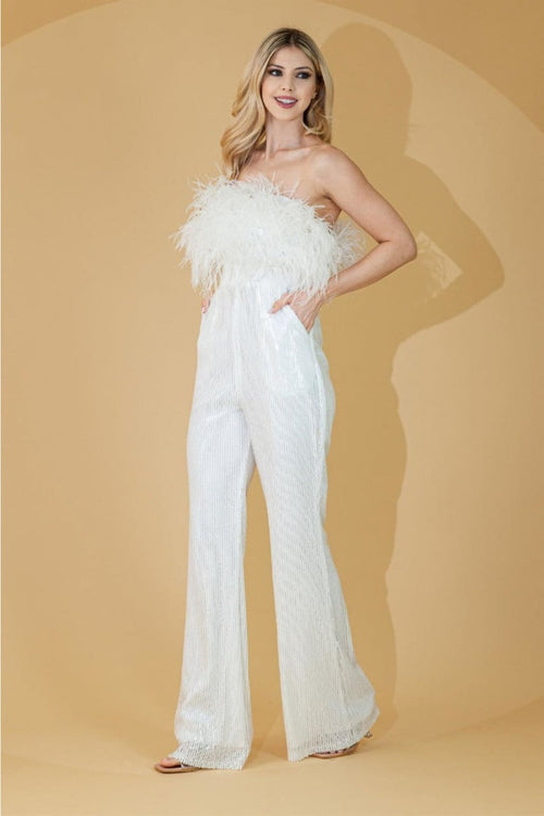 Amelia Couture 3019 Sequin Feather Strapless Formal Jumpsuit