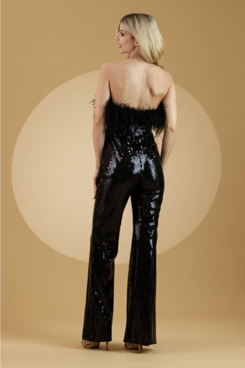Amelia Couture 3019 Sequin Feather Strapless Formal Jumpsuit