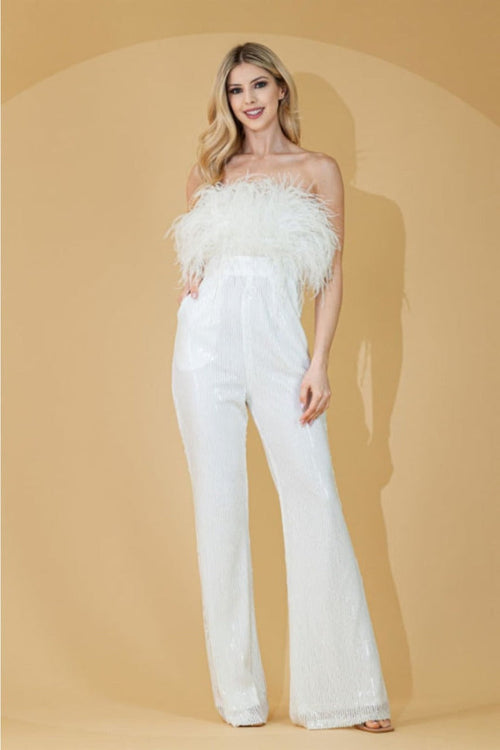 Amelia Couture 3019 Sequin Feather Strapless Formal Jumpsuit