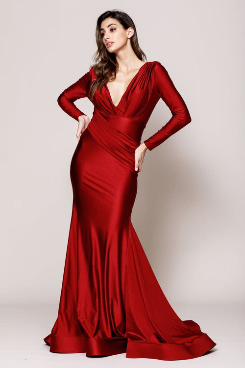 Long Sleeve Stretchy Evening Dress V-Neck Mermaid Simple Evening Prom Gown