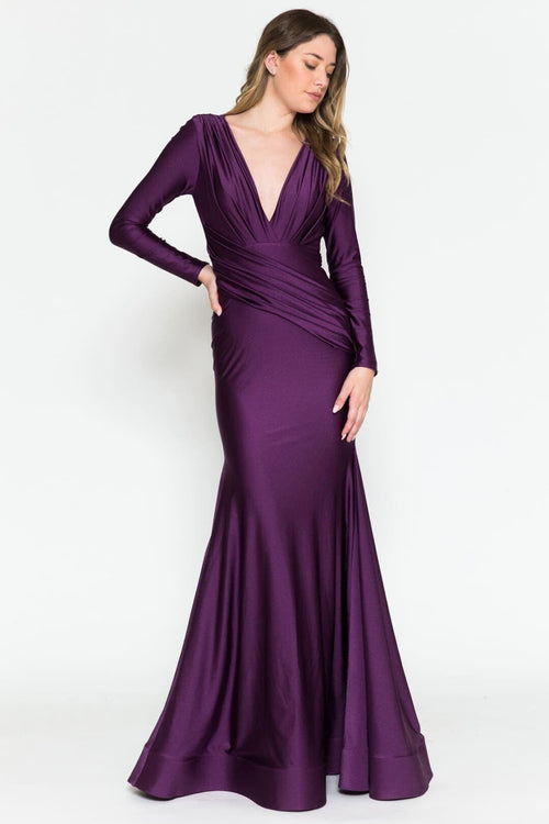 Long Sleeve Stretchy Evening Dress V-Neck Mermaid Simple Evening Prom Gown