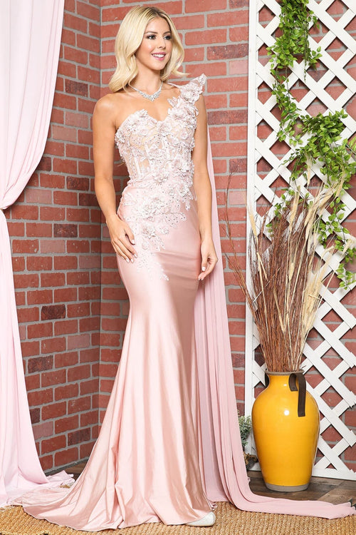 Amelia Couture 388 One Shoulder Cape Long Floral Formal Evening Dress