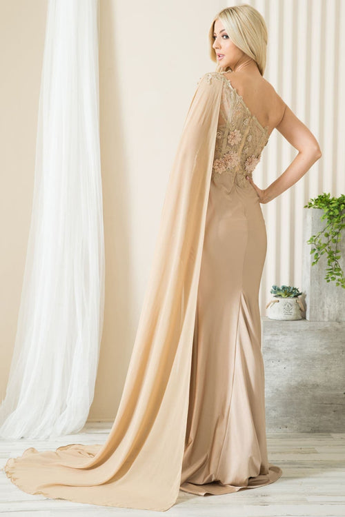 Amelia Couture 388 One Shoulder Cape Long Floral Formal Evening Dress