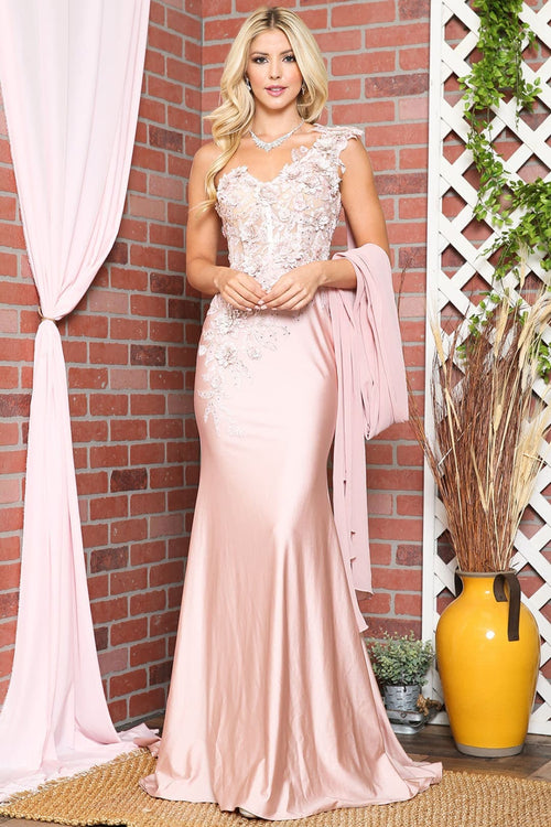 Amelia Couture 388 One Shoulder Cape Long Floral Formal Evening Dress