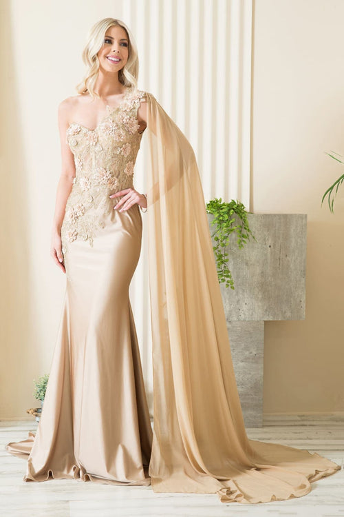 Amelia Couture 388 One Shoulder Cape Long Floral Formal Evening Dress