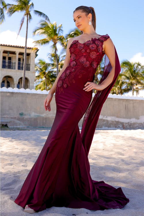 Amelia Couture 388 One Shoulder Cape Long Floral Formal Evening Dress