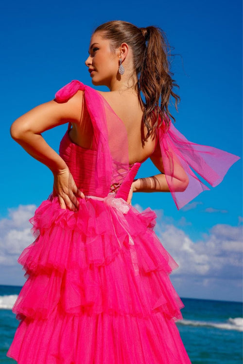 Amelia Couture 6125 Lace Up Back Tiered Ruffled A-line Evening Gown