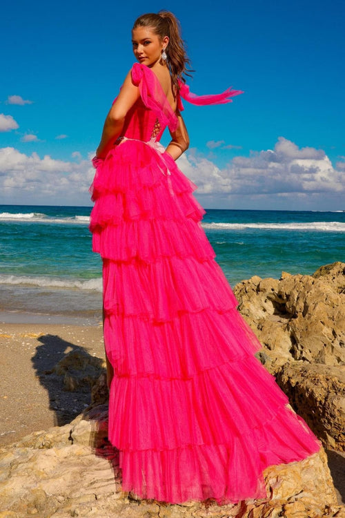 Amelia Couture 6125 Lace Up Back Tiered Ruffled A-line Evening Gown