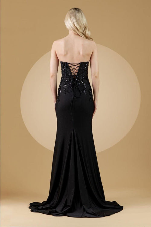 Amelia Couture 7052 Strapless Beaded Embellished Sheer Side Slit Gown
