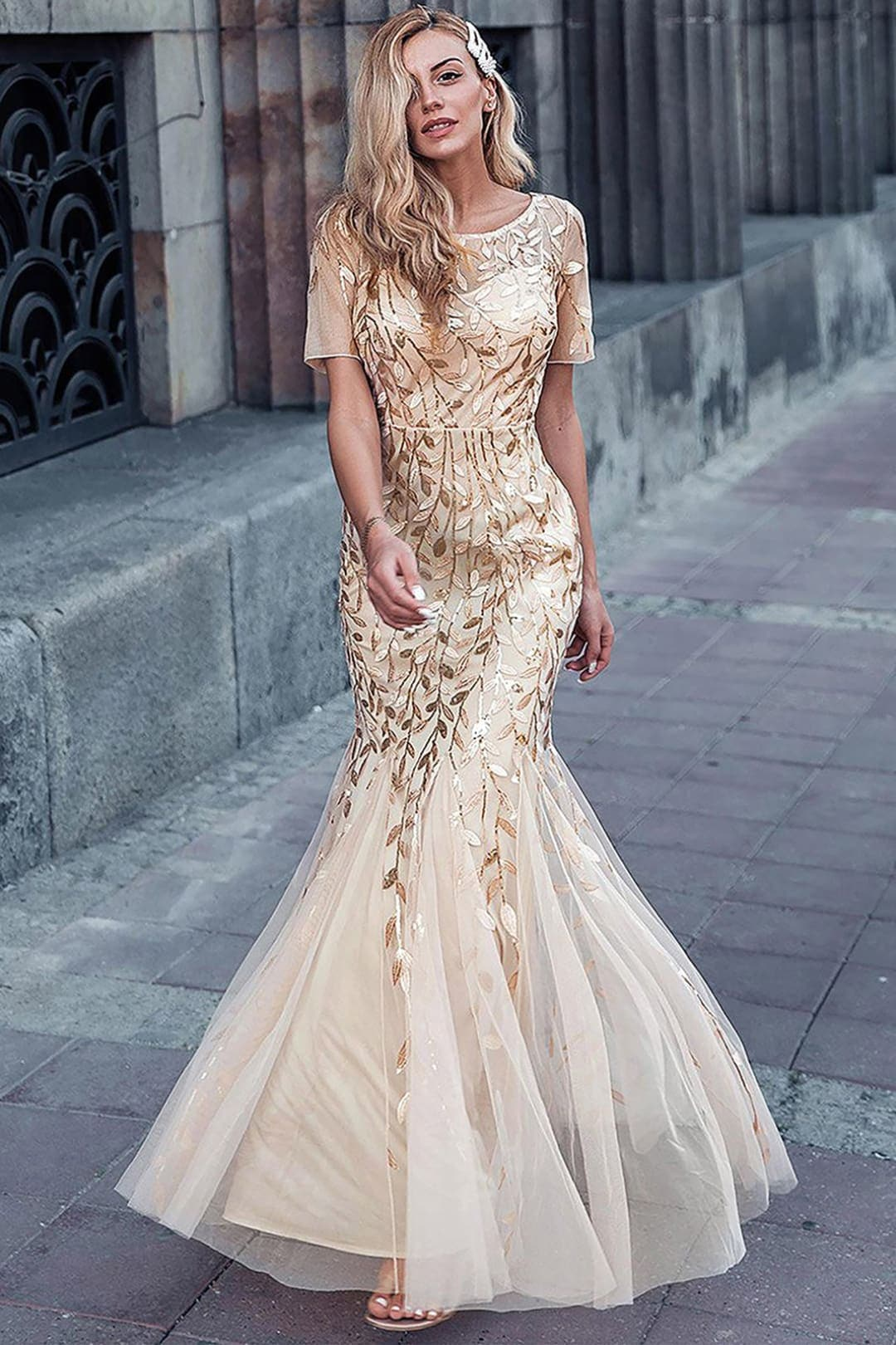 Embroidered Short Sleeve Mother of the Bride Gown & Plus Size Dress