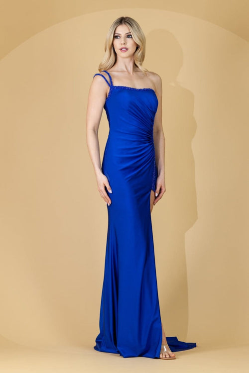 Amelia Couture AC0013 Beaded One-Shoulder Fitted Ruched Evening Gown