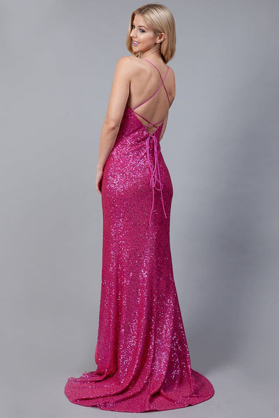 Amelia Couture BZ011 V-Neck High Slit Sequined Long Prom Gown