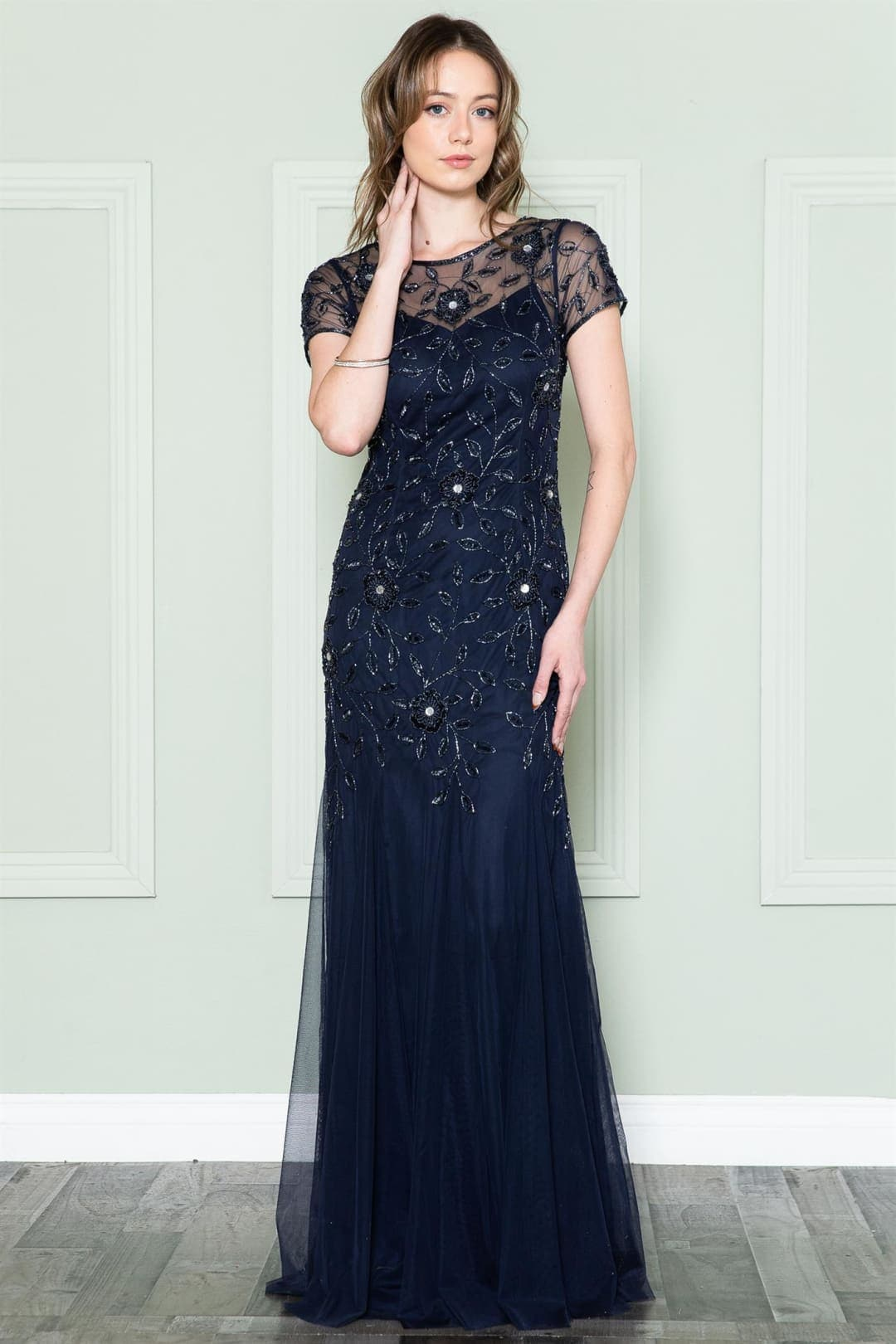 Amelia Couture IN002 Short Sleeve Bateau Evening MOB Gown