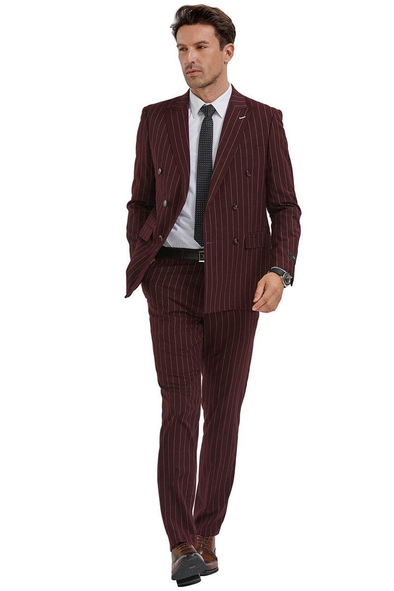 Men's Slim Fit Burgundy Pinstripe Suit by Tazio Suits
