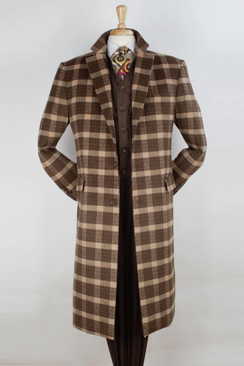 "Apollo King Brown Windowpane Wool Dress Overcoat: Class & Comfort" - Elegant Mensattire