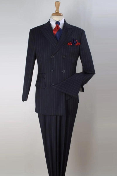 Apollo King Men's Navy Pinstripe Wool Vested 3/4 Double Breasted Suit - Elegant Mensattire