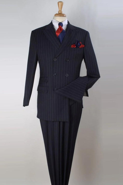 Apollo King Men's Navy Pinstripe Wool Vested 3/4 Double Breasted Suit - Elegant Mensattire