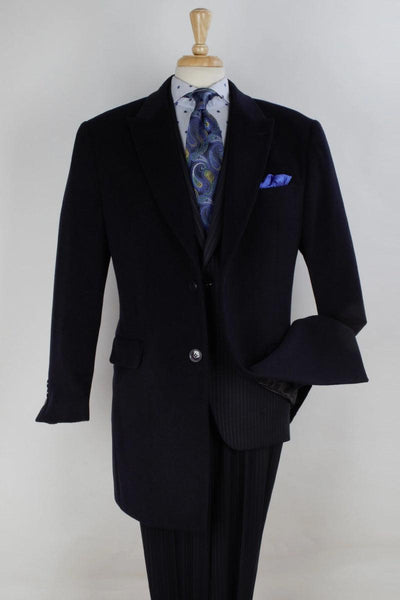 "Apollo King Men's Stylish Navy Wool Car Coat - 2-Button Peak Lapel" - Elegant Mensattire