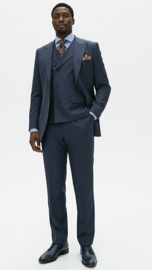 Apollo King Mens 3 Piece 100% Super 150s Wool Suit β Wide Peak Lapel, Double Breasted Vest