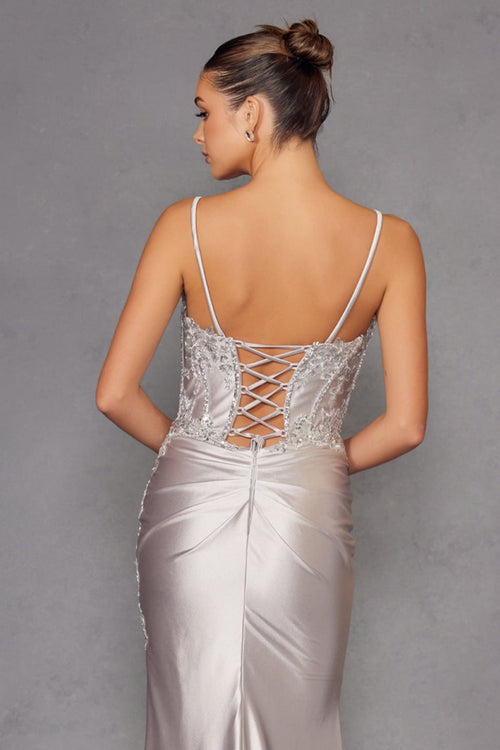 Corset Prom Dress Satin Strapless Slit Evening Gown by Juliet JT2536K