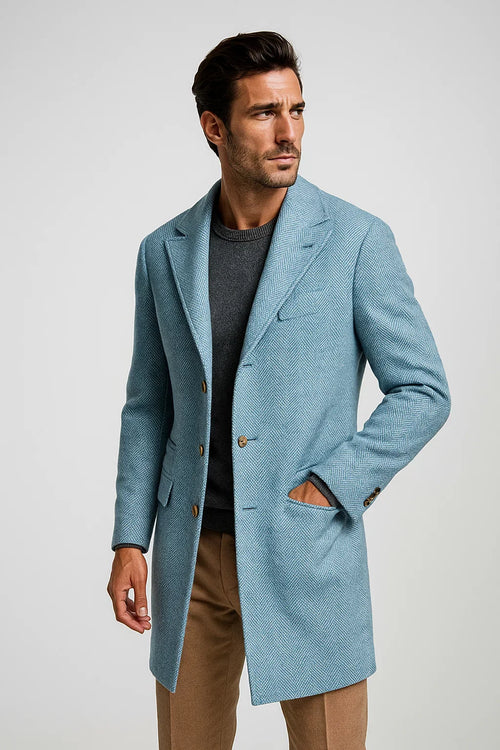 Mens Carcoat - Light Blue Three Quarter Peak Lapel Topcoat at USA Men's Outlet