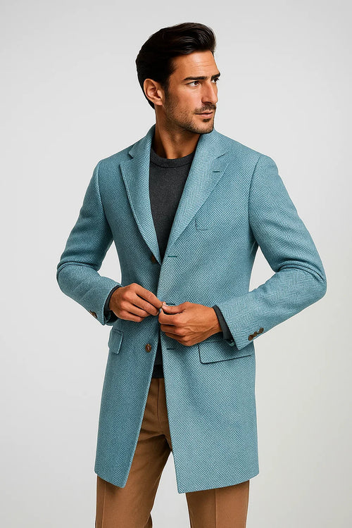 Mens Carcoat - Light Blue Three Quarter Peak Lapel Topcoat at USA Men's Outlet