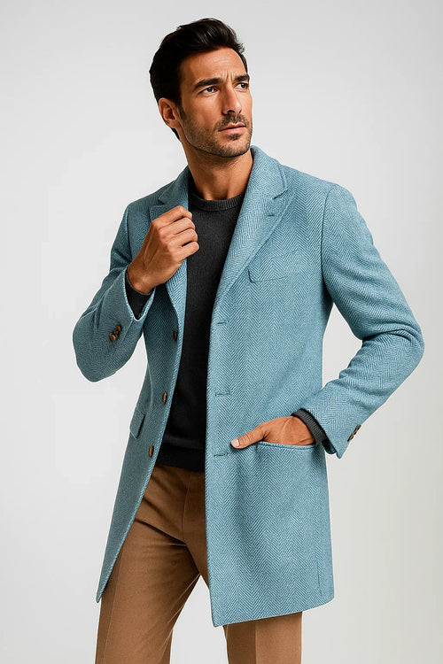 Mens Carcoat - Light Blue Three Quarter Peak Lapel Topcoat at USA Men's Outlet
