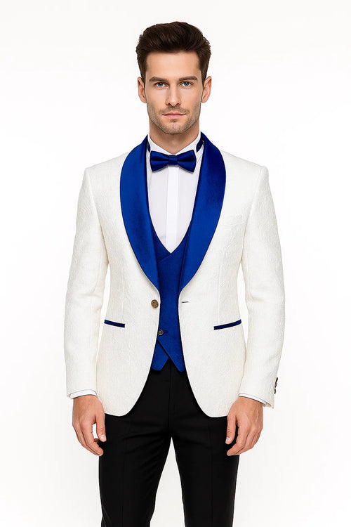 Wide Shawl Lapel Tuxedo - Wedding Groom White & Blue - Vested With Bowtie