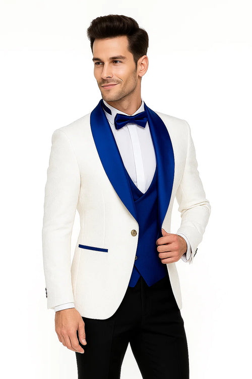 Wide Shawl Lapel Tuxedo - Wedding Groom White & Blue - Vested With Bowtie