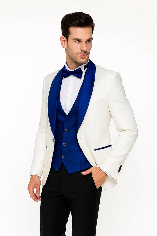 Wide Shawl Lapel Tuxedo - Wedding Groom White & Blue - Vested With Bowtie