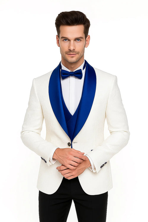 Wide Shawl Lapel Tuxedo - Wedding Groom White & Blue - Vested With Bowtie