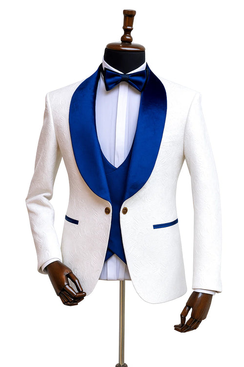Wide Shawl Lapel Tuxedo - Wedding Groom White & Blue - Vested With Bowtie