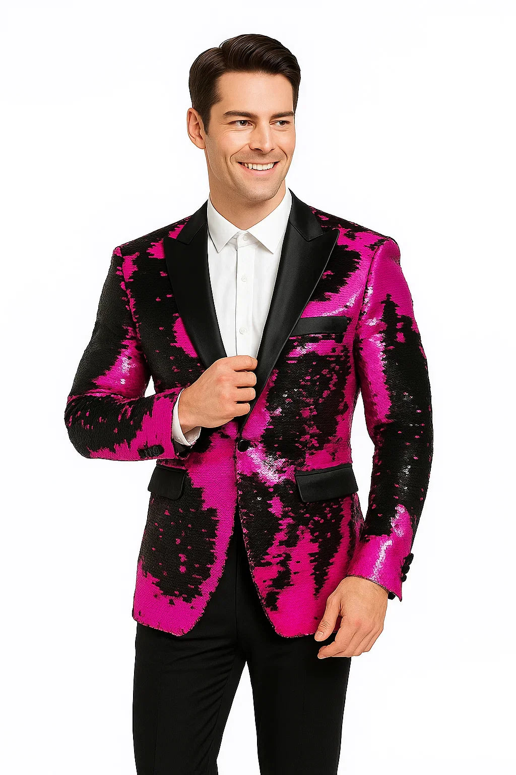 Alberto Nardoni Brand Fashion Men's Fuchsia Pink & Black Lapel Blazer ~ Sport Coat Tuxedo Dinner Jacket Sequin ~ Shiny Paisley