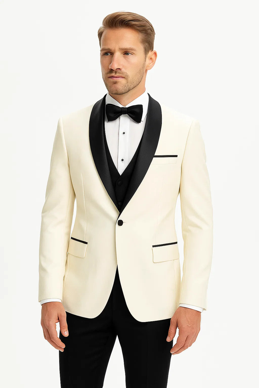 Champagne Suit Men's Cream ~ Ivory ~ Off White Dinner Jacket 1 Button Blazer Sport Coat Black Lapel + Matching Vest & Pants As soon on the picture + Free Shirt & Bowtie – SuitUSA