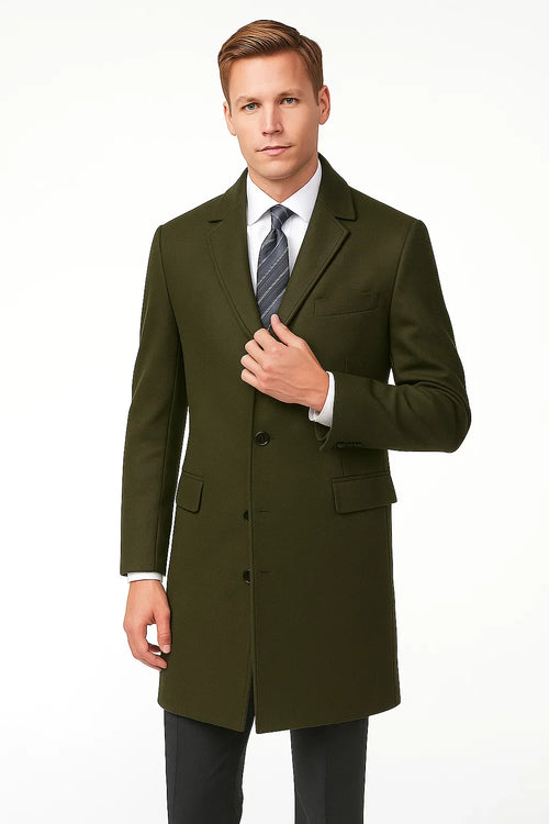 Men's Olive Green Two Button Designer Men's Peacoat Sale Long Jacket Men's Carcoat - Car Coat Mid Length Three Quarter Length Coat USA Men's Outlet