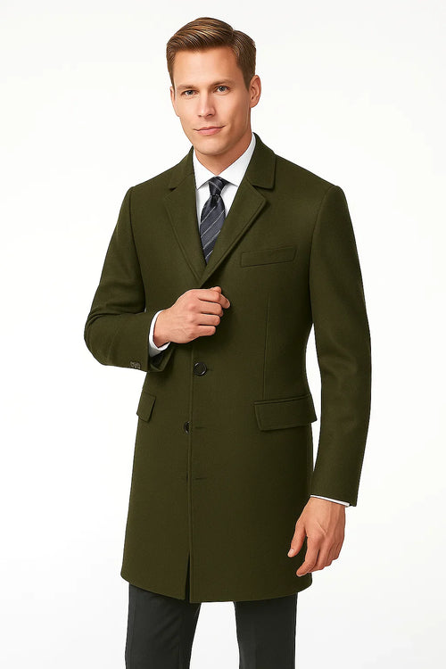 Men's Olive Green Two Button Designer Men's Peacoat Sale Long Jacket Men's Carcoat - Car Coat Mid Length Three Quarter Length Coat USA Men's Outlet