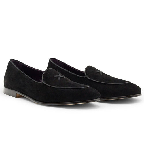 Zelli Hand-Stitched Sueded Goatskin Loafer with Crocodile Vamp in Black