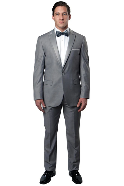 Mens Gray Tuxedo - Grey Wedding Suit-Mens Skinny Fit One Button Satin Trim Peak Lapel Prom & Wedding Tuxedo In Grey - Men's Tuxedo USA