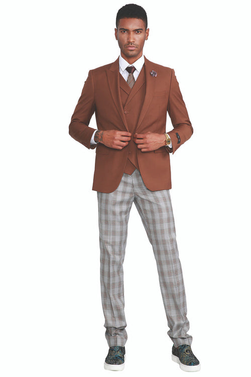 Men's One Button Vested Suit in Dark Camel Cognac