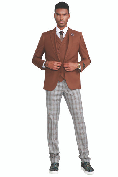 Men's One Button Vested Suit in Dark Camel Cognac