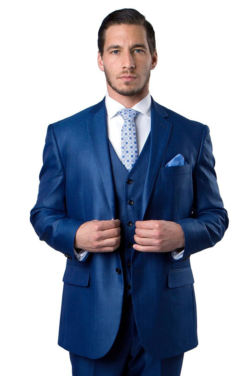 Men’s Blue Sharkskin Business Suit with Vested Style