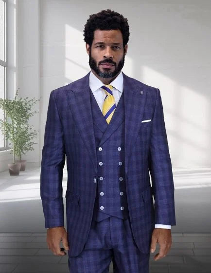 Statement Men's 3 Piece Big and Tall 100% Wool Wide Leg Suit- Windowpane Plaid