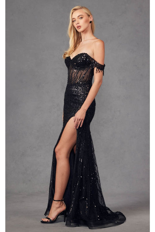 Beaded Fringe Sleeve Prom Gown by Juliet JT2471L