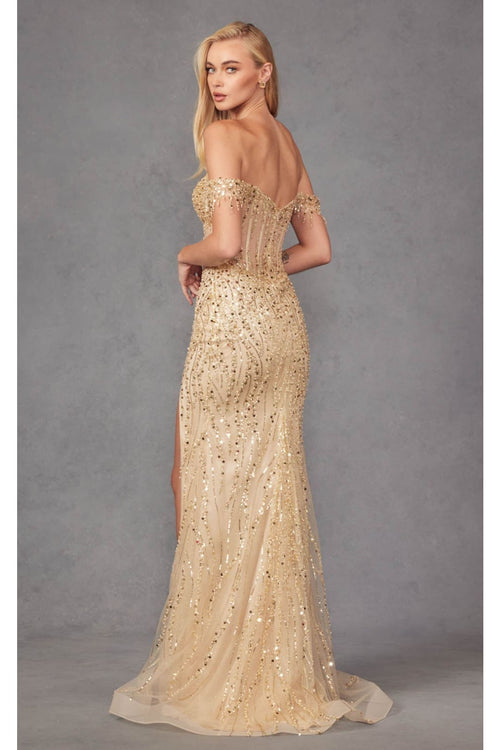Beaded Fringe Sleeve Prom Gown by Juliet JT2471L