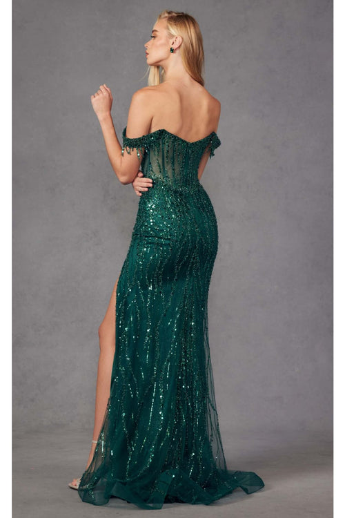 Beaded Fringe Sleeve Prom Gown by Juliet JT2471L