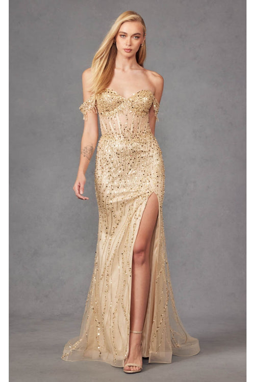 Beaded Fringe Sleeve Prom Gown by Juliet JT2471L