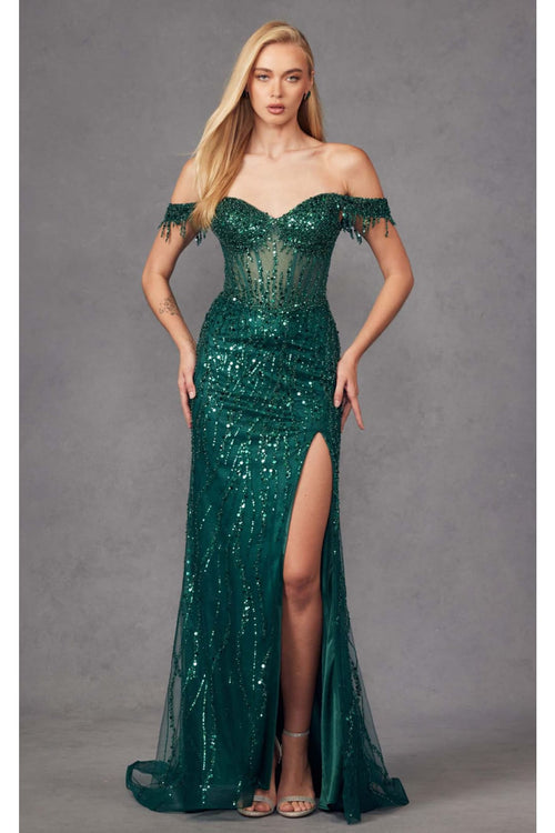 Beaded Fringe Sleeve Prom Gown by Juliet JT2471L