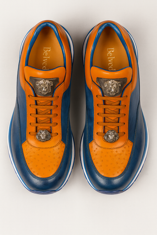 Belvedere Flash Men's Shoes Blue Safari & Almond Exotic Ostrich / Calf-skin Leather Casual Sneakers