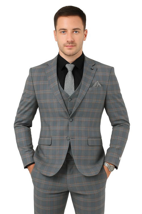 Big and Tall Business Suits - Suits For Big Man - Large Men's Grey Windowpane Vested Suits