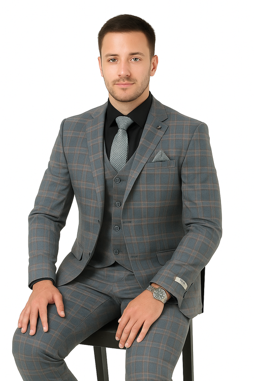Big and Tall Business Suits - Suits For Big Man - Large Men's Grey Windowpane Vested Suits